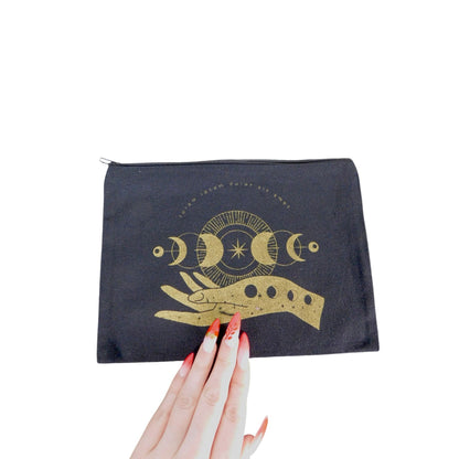 Moon Phase Canvas Zipper Pouch 9"x7" Gold Hand Design
