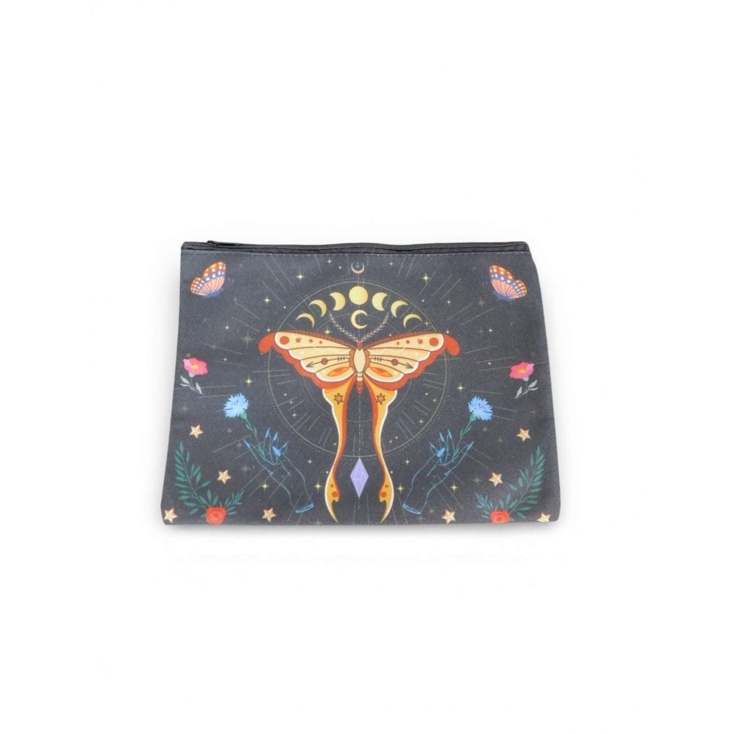 Mystical Moth Moon Phases Black Cosmetic Makeup Zipper Travel Pouch Bag