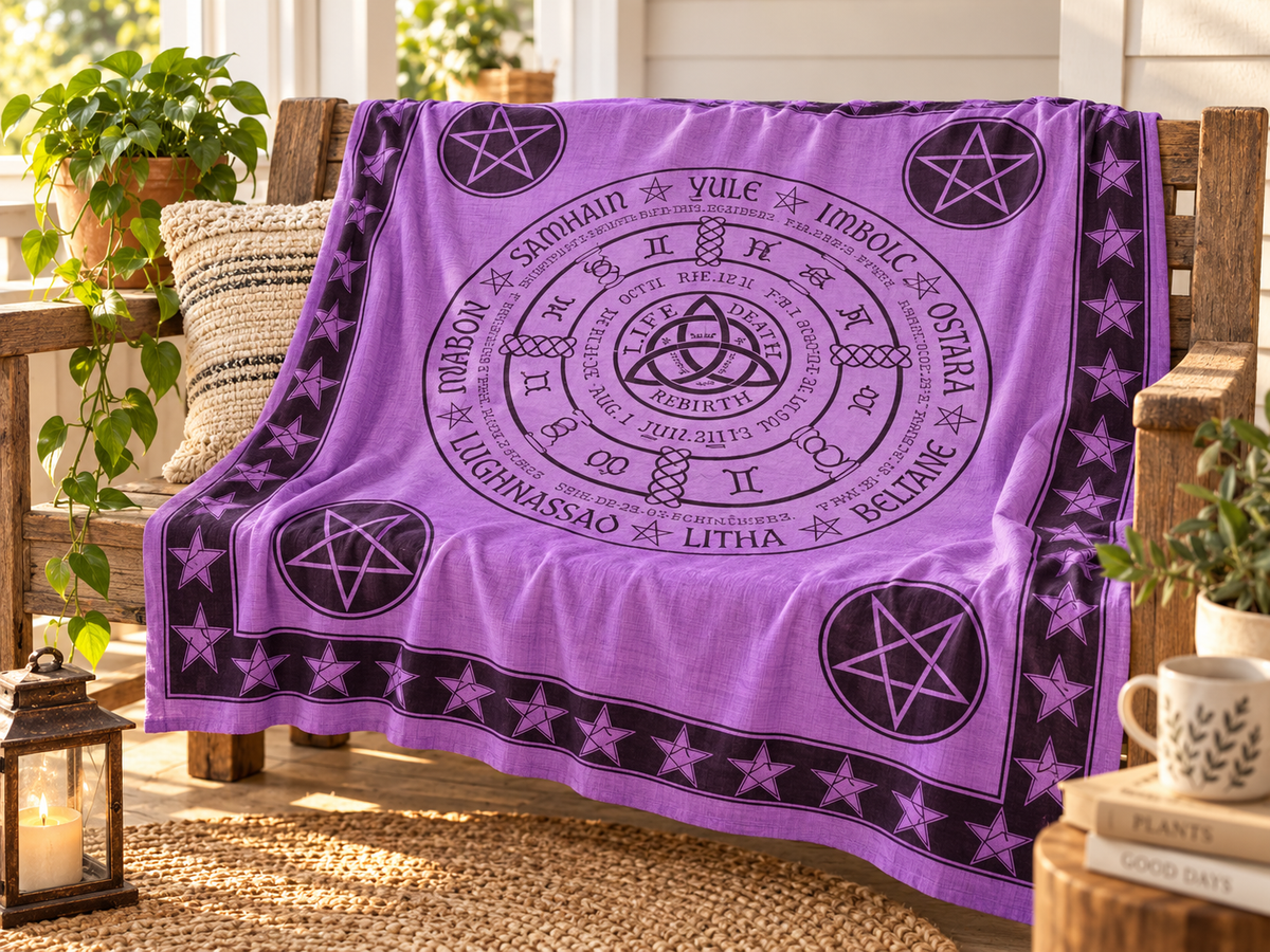 Purple Triquetra & Pentacle Cotton Tapestry, 72 x 108 in