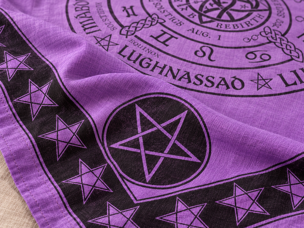 Purple cotton tapestry featuring black pentacle and triquetra symbols with astrological text