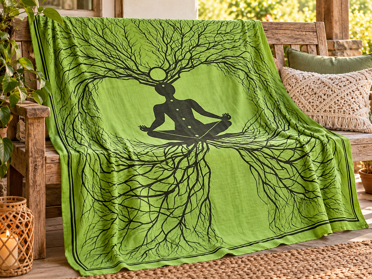 Green Meditation Tree Goddess Cotton Tapestry, 72 x 108 in