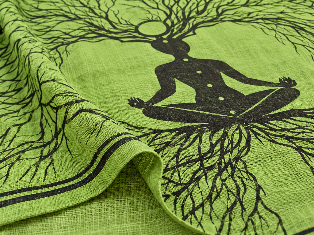 Green Meditation Tree Goddess Cotton Tapestry, 72 x 108 in