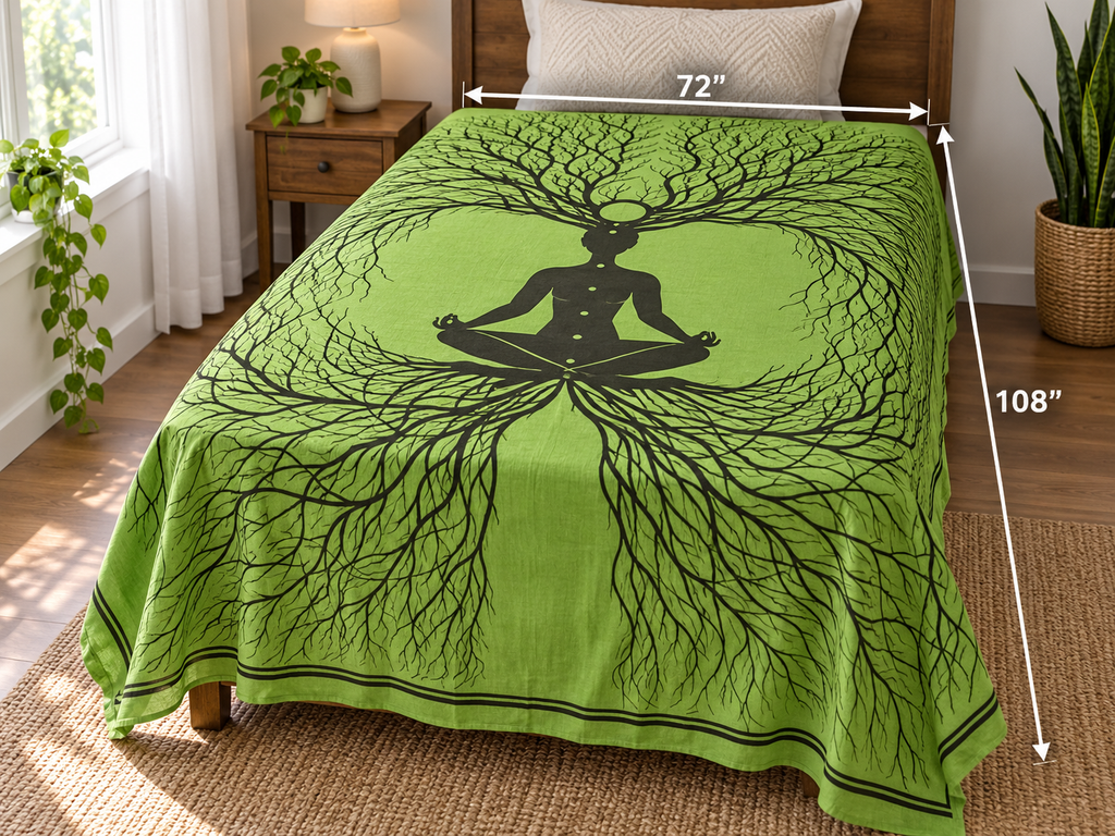 Green Meditation Tree Goddess Cotton Tapestry, 72 x 108 in