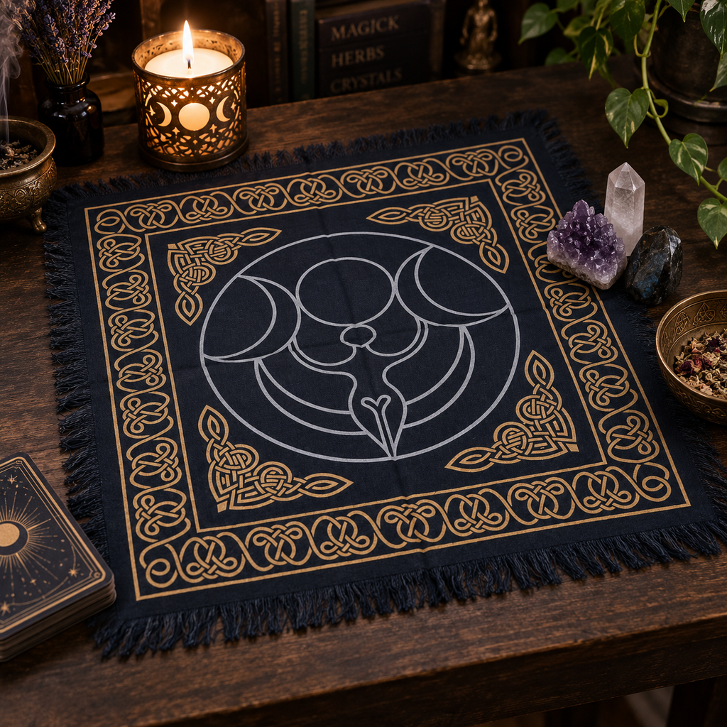 Triple Moon Altar Cloth, Gold & White, 18 x 18 in Cotton