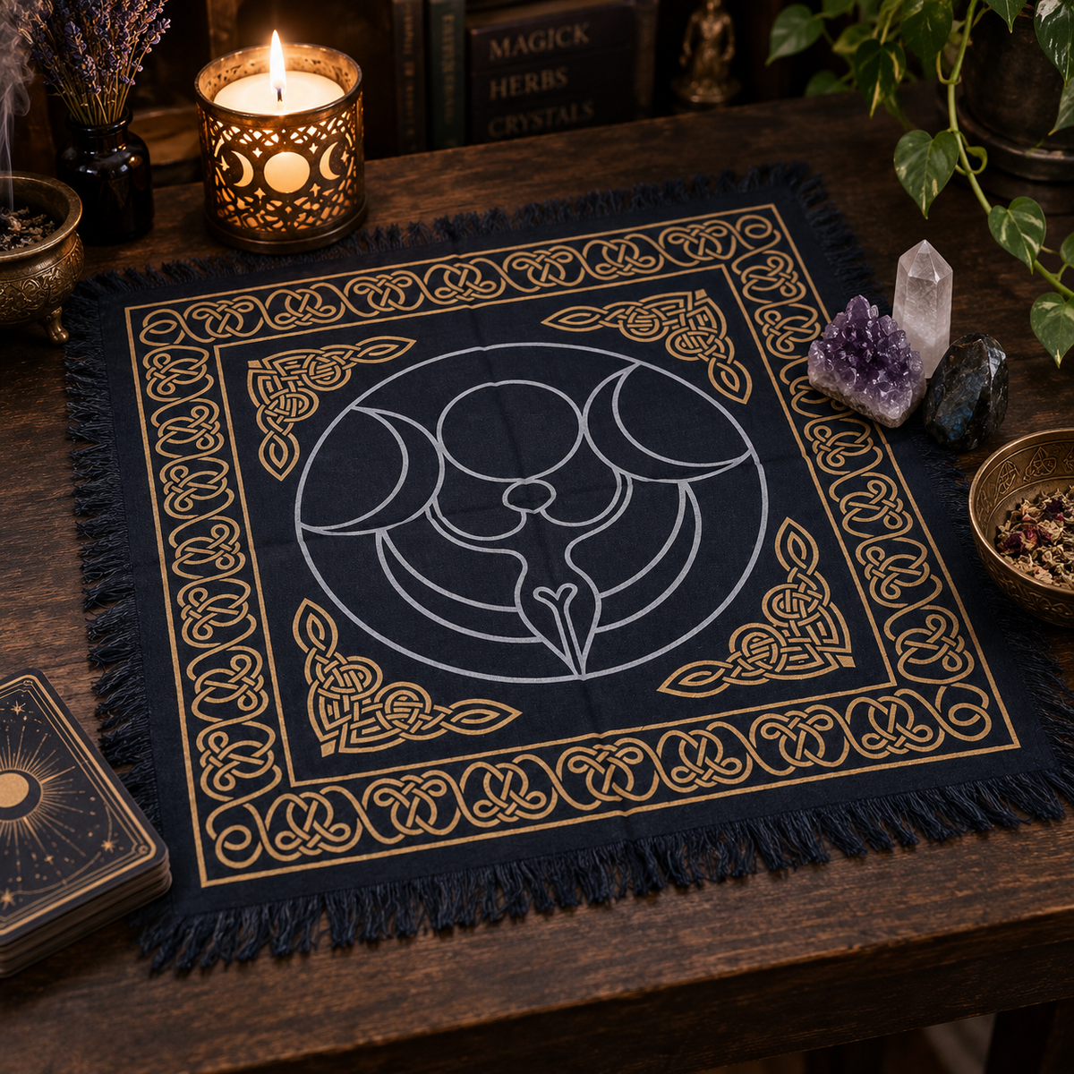 Triple Moon Altar Cloth, Gold & White, 18 x 18 in Cotton