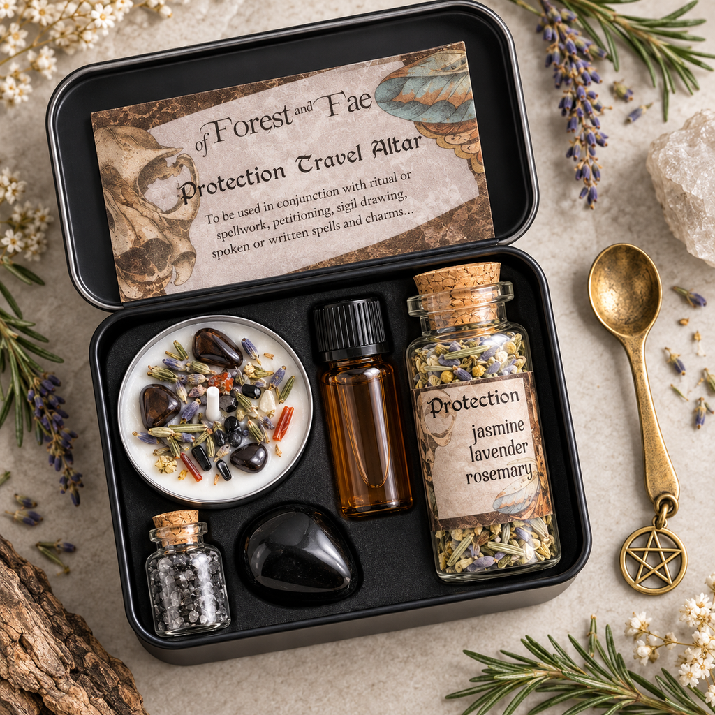 Protection Travel Altar Kit containing a candle, essential oil, herbs, and crystals in a black metal tin