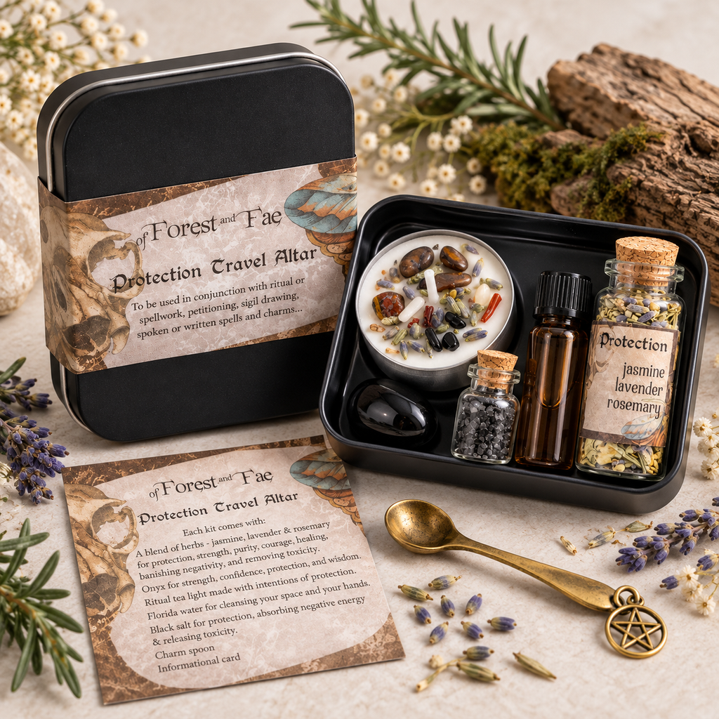 Protection travel altar kit with candle, essential oil, herbs, black salt, and charm spoon in a black tin