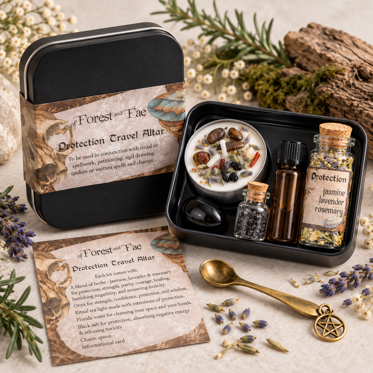 Protection travel altar kit with candle, essential oil, herbs, black salt, and charm spoon in a black tin