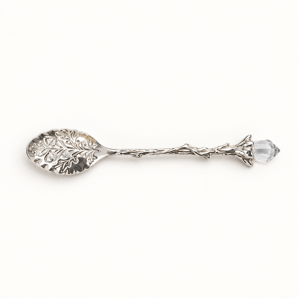 Crystal-Effect Handle Teaspoon, Ornate Leaf Bowl | Silver Alloy
