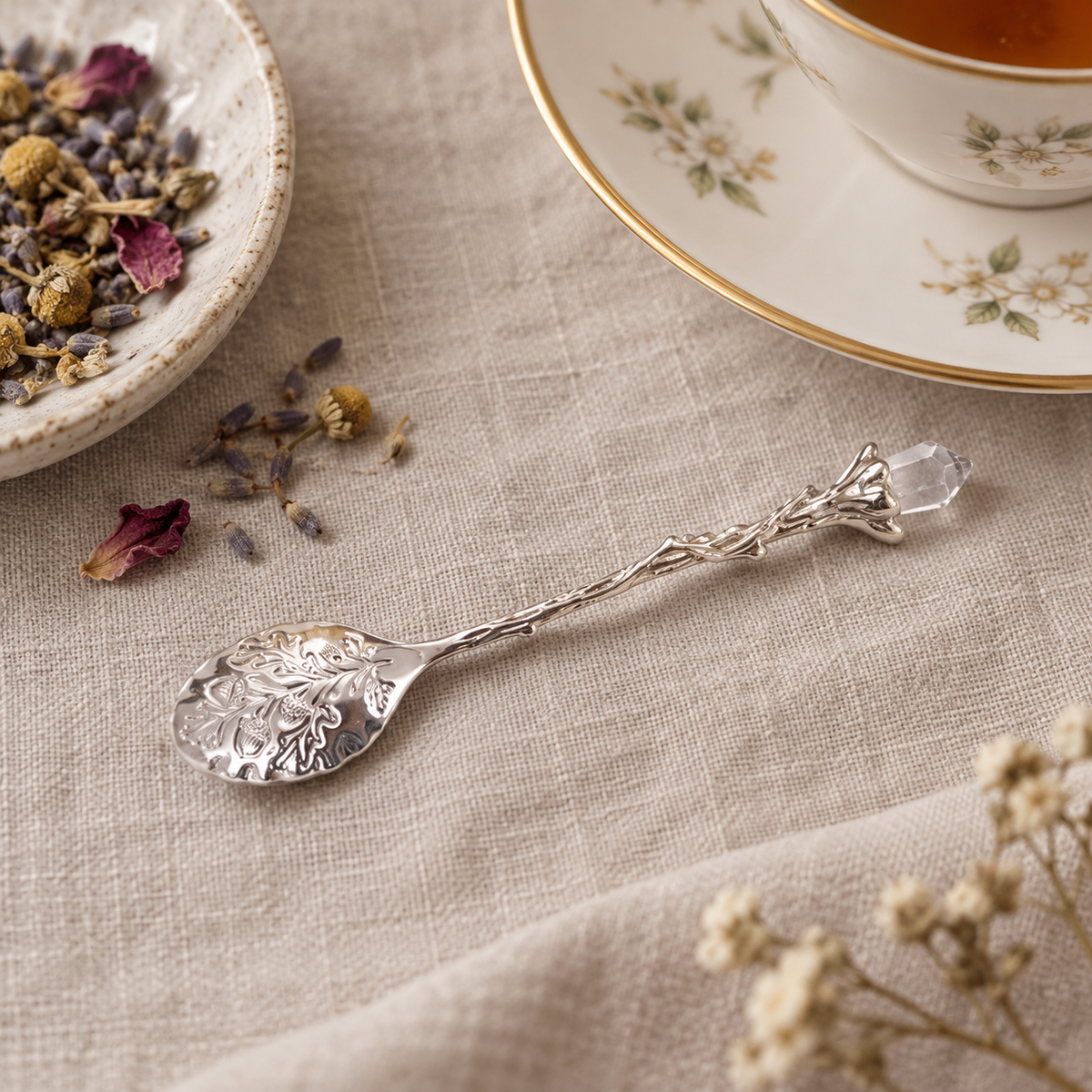 Crystal-Effect Handle Teaspoon, Ornate Leaf Bowl | Silver Alloy