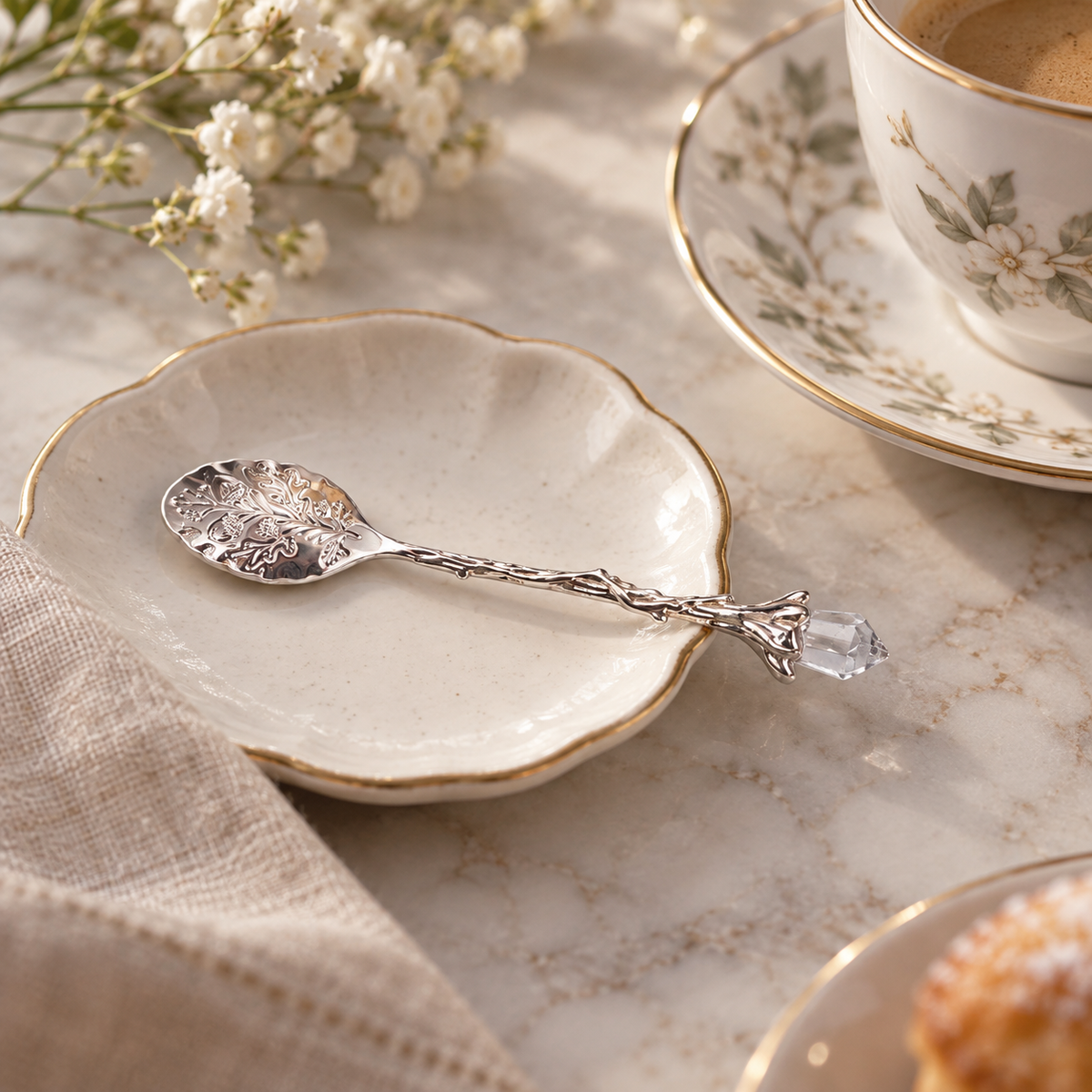 Crystal-Effect Handle Teaspoon, Ornate Leaf Bowl | Silver Alloy