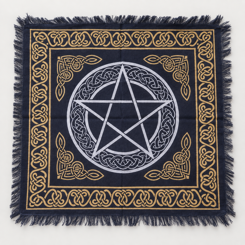 Pentacle Celtic Knot Altar Cloth, Black & Gold | Fringed