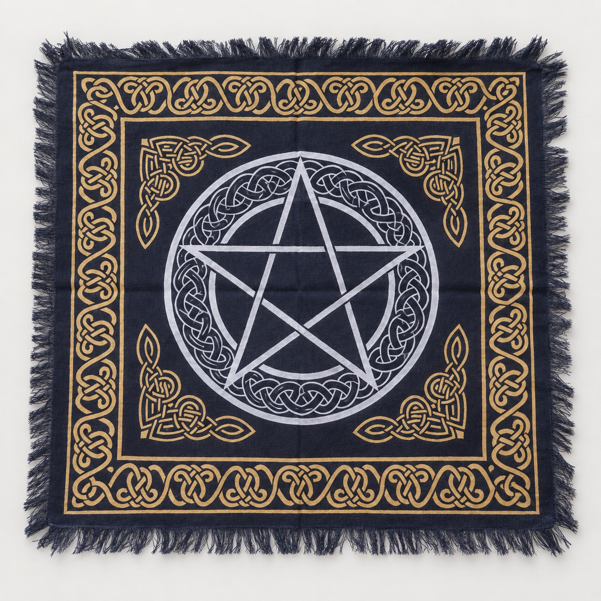 Pentacle Celtic Knot Altar Cloth, Black & Gold | Fringed