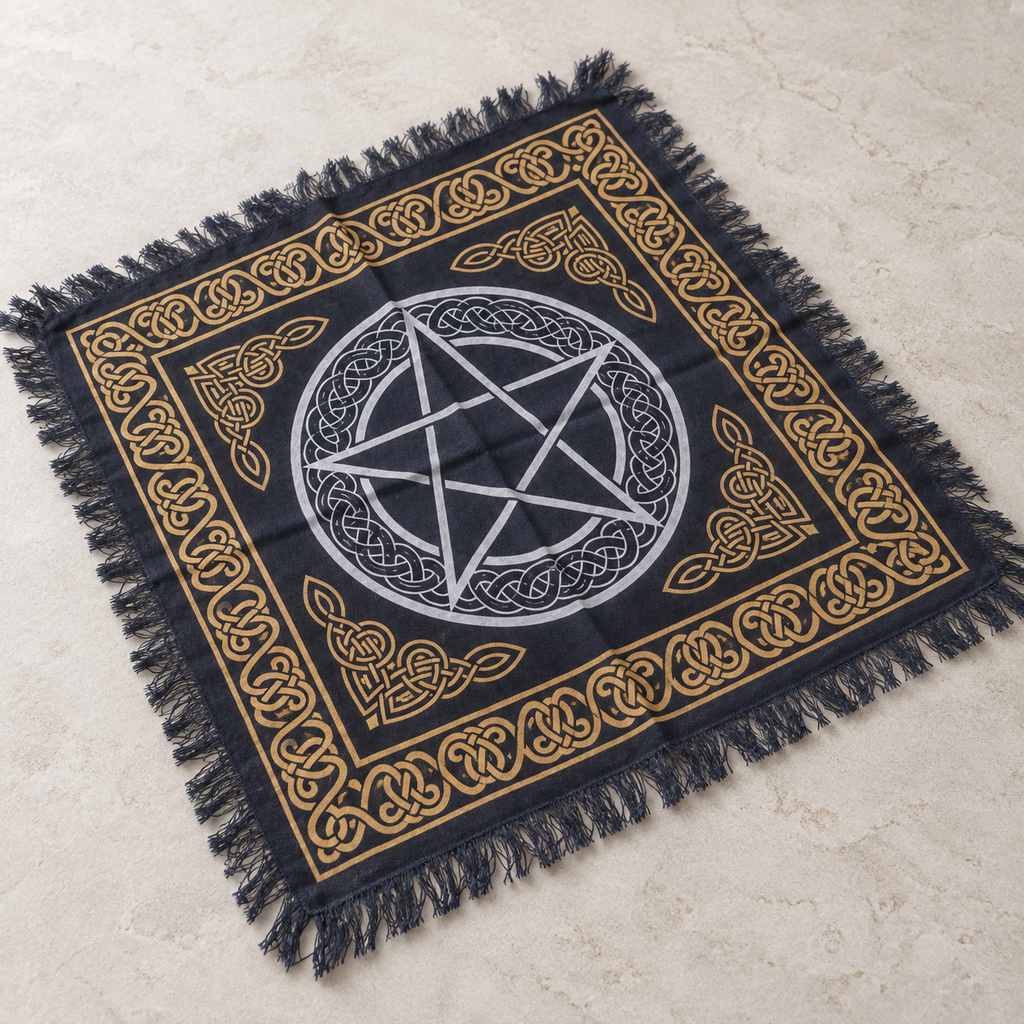 Pentacle Celtic Knot Altar Cloth, Black & Gold | Fringed