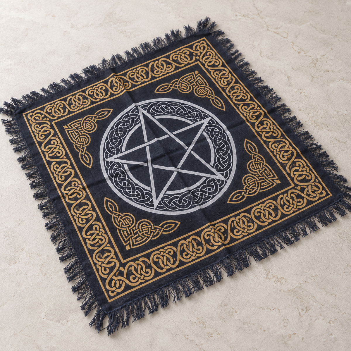 Pentacle Celtic Knot Altar Cloth, Black & Gold | Fringed