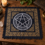 Pentacle Celtic Knot Altar Cloth, Black & Gold | Fringed