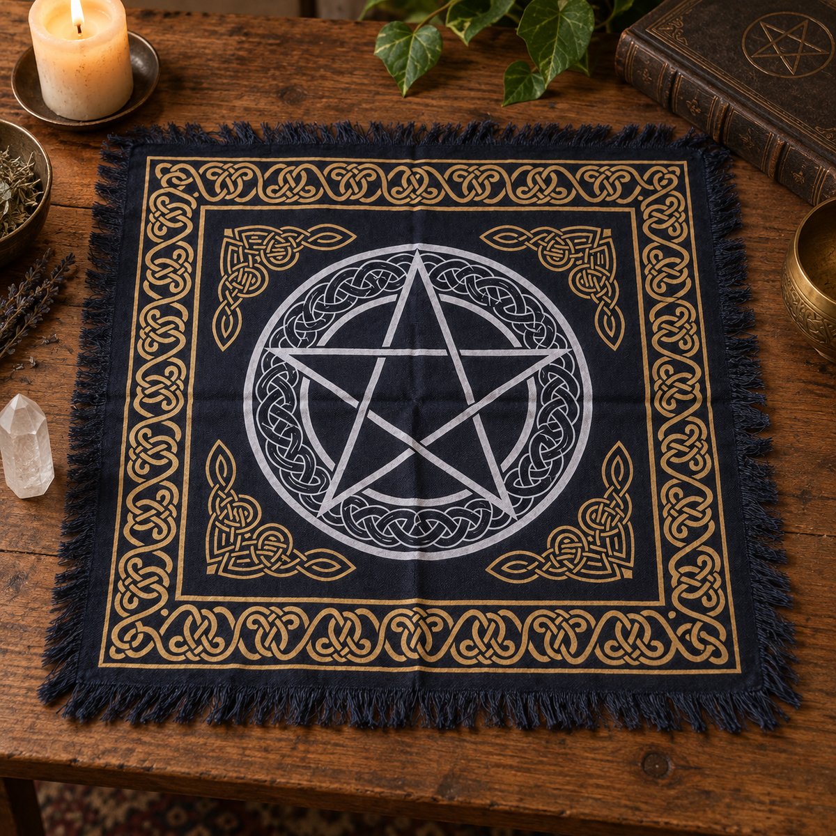 Pentacle Celtic Knot Altar Cloth, Black & Gold | Fringed