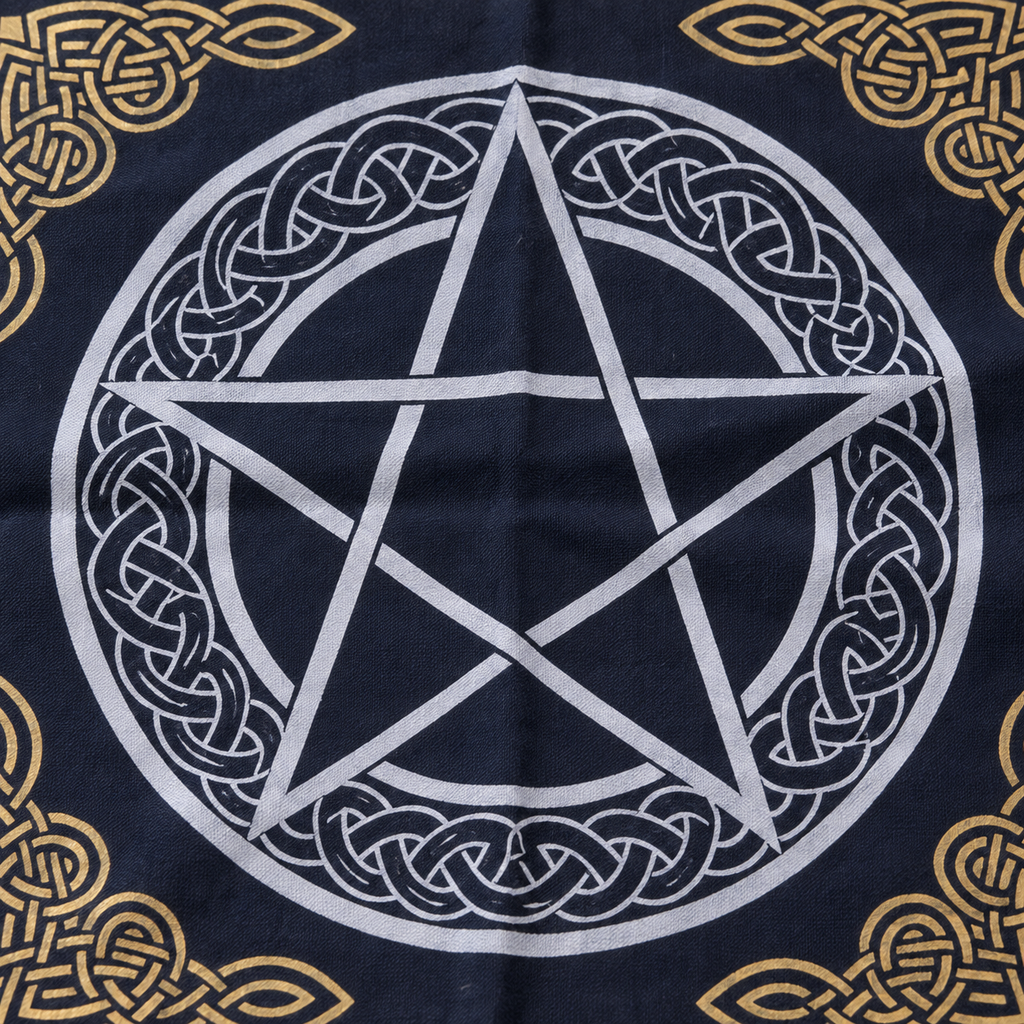Pentacle Celtic Knot Altar Cloth, Black & Gold | Fringed