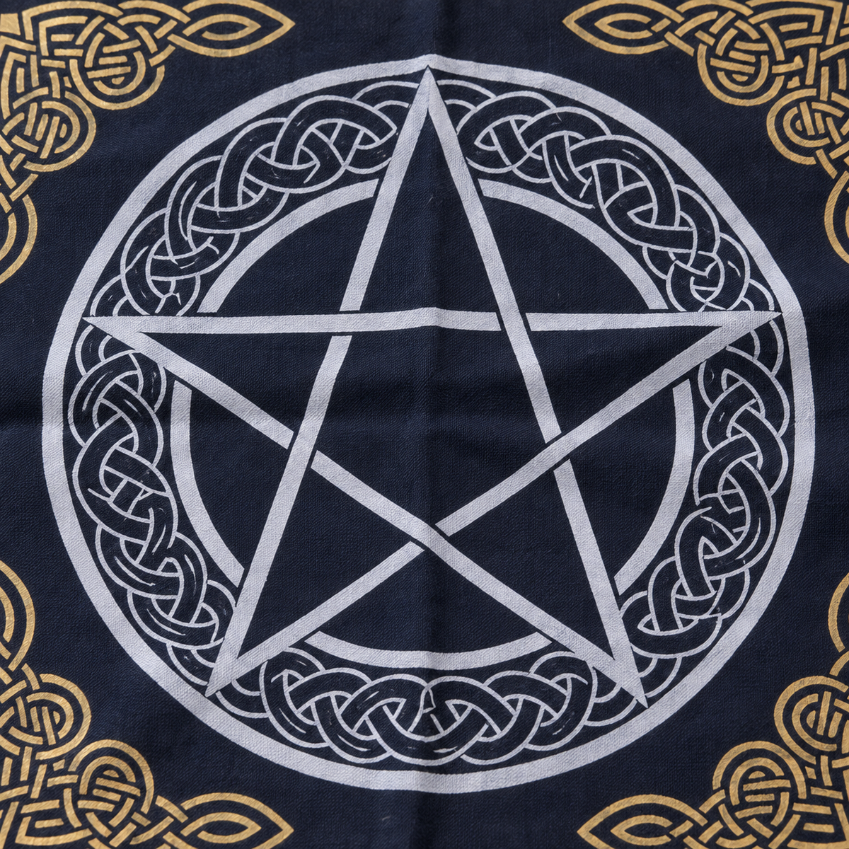Pentacle Celtic Knot Altar Cloth, Black & Gold | Fringed