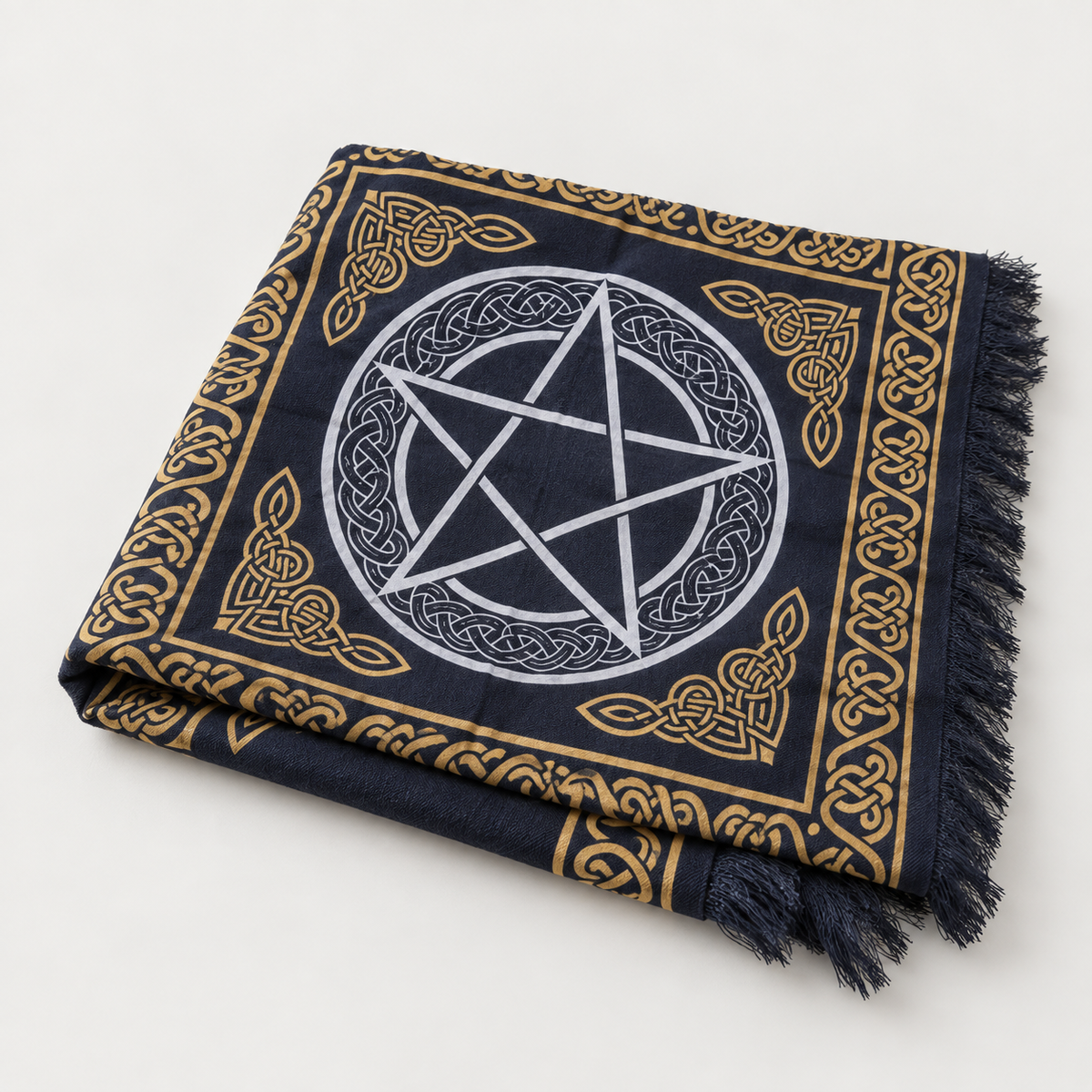 Pentacle Celtic Knot Altar Cloth, Black & Gold | Fringed