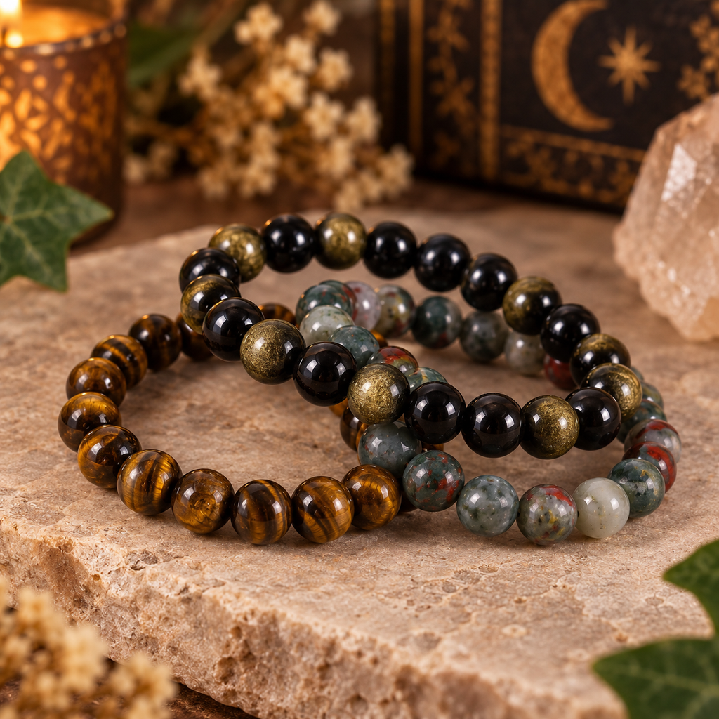 Pockets’ Crystal Bracelet Stack | Obsidian, Bloodstone & Tiger’s Eye