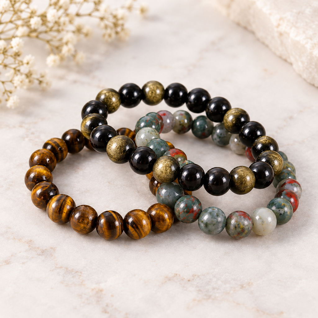 Pockets’ Crystal Bracelet Stack | Obsidian, Bloodstone & Tiger’s Eye