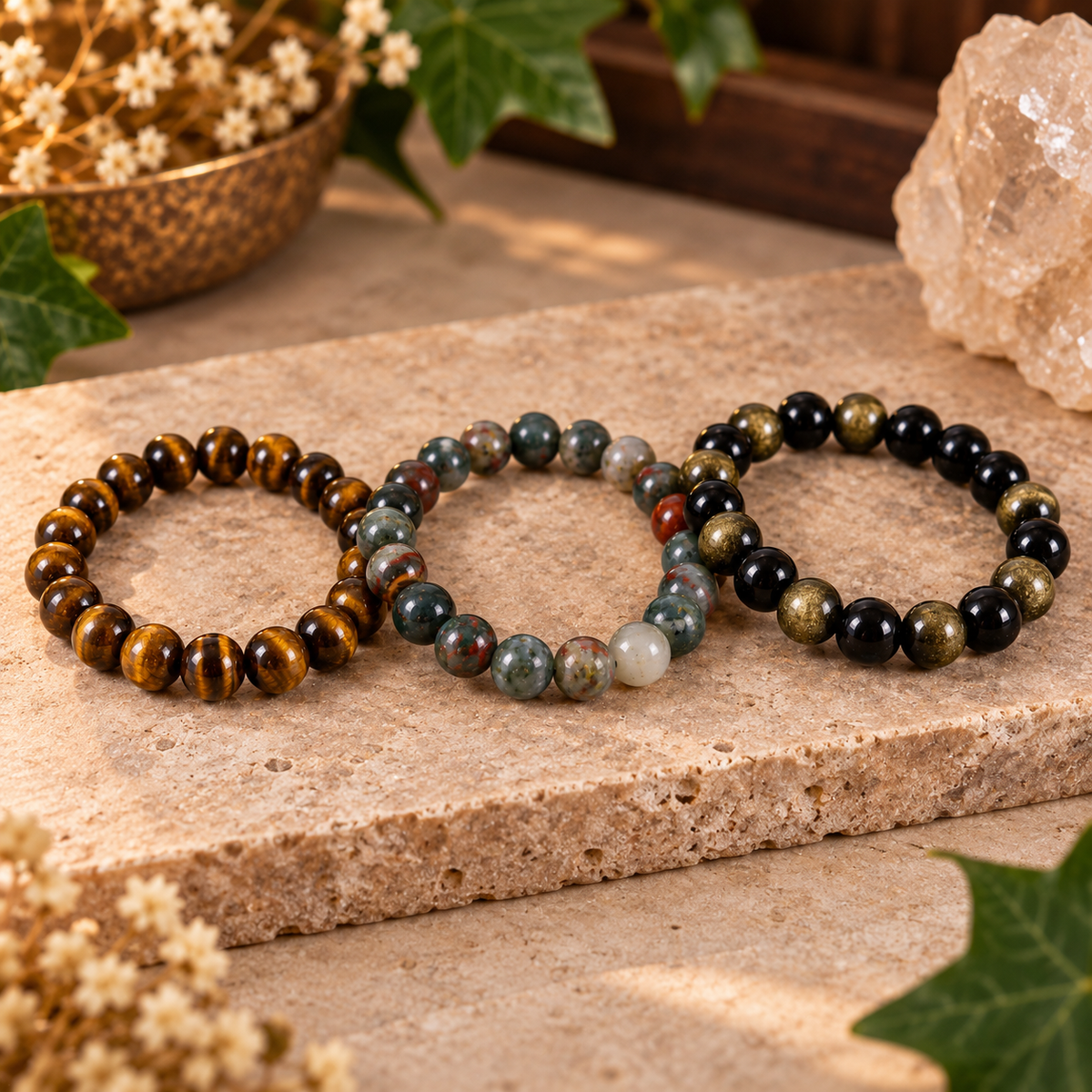 Pockets’ Crystal Bracelet Stack | Obsidian, Bloodstone & Tiger’s Eye