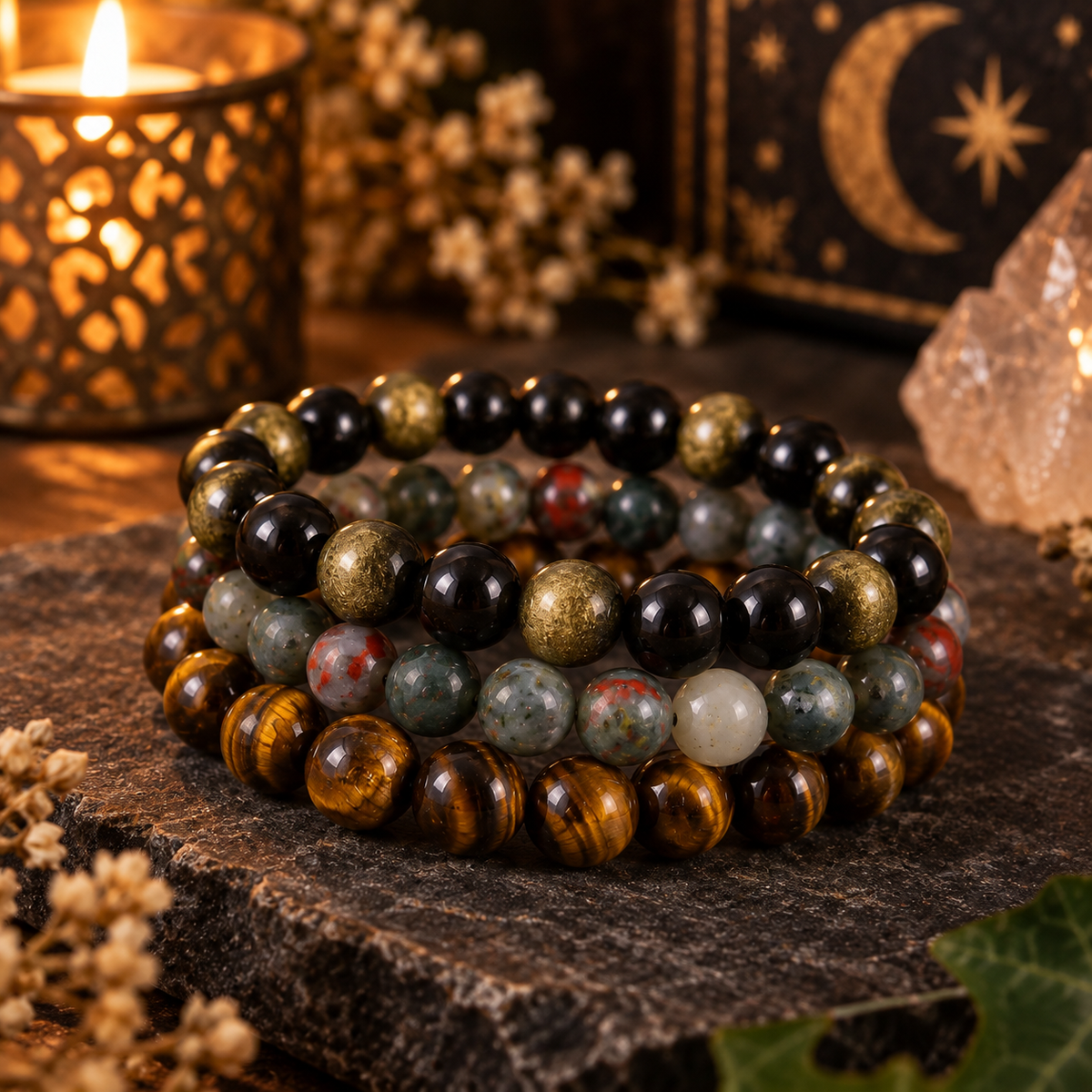 Pockets’ Crystal Bracelet Stack | Obsidian, Bloodstone & Tiger’s Eye