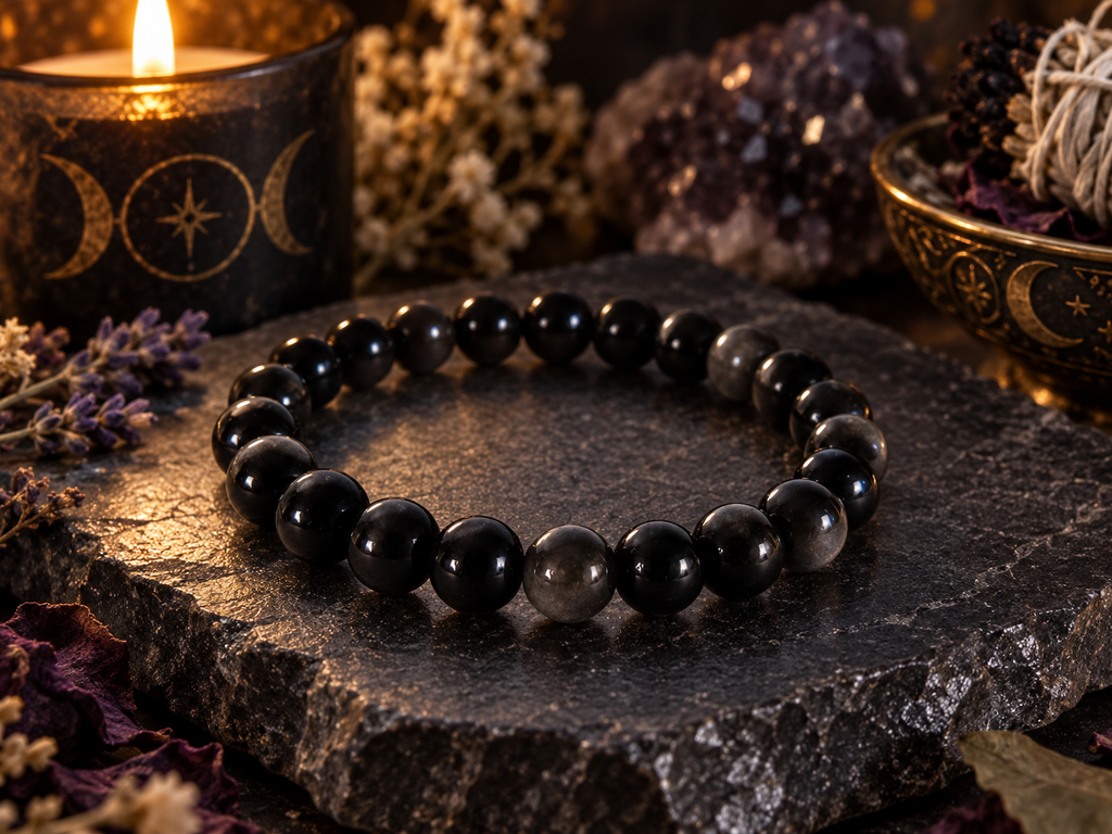 Natural Silver Sheen Obsidian Crystal 8mm Stretch Bracelet