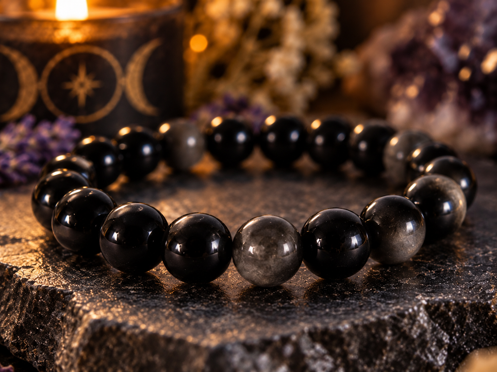 Natural Silver Sheen Obsidian Crystal 8mm Stretch Bracelet