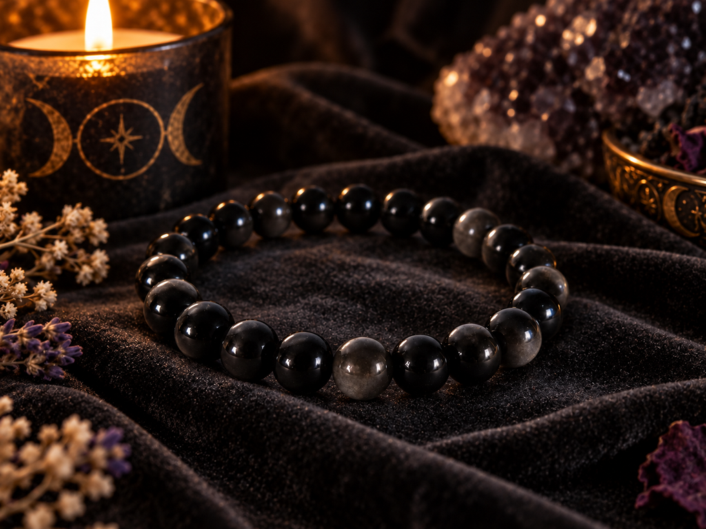 Natural Silver Sheen Obsidian Crystal 8mm Stretch Bracelet