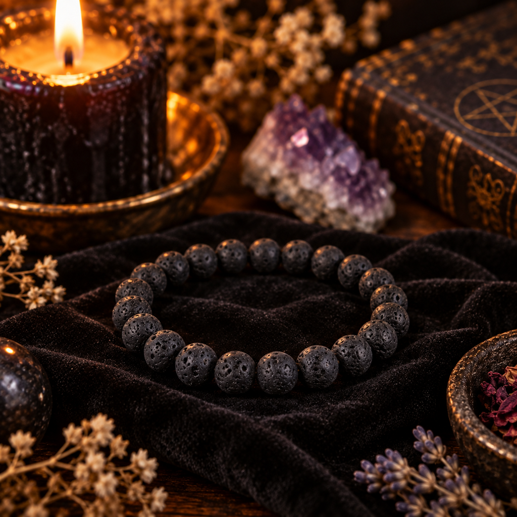 Natural lava rock 8mm stretch bracelet on black velvet fabric