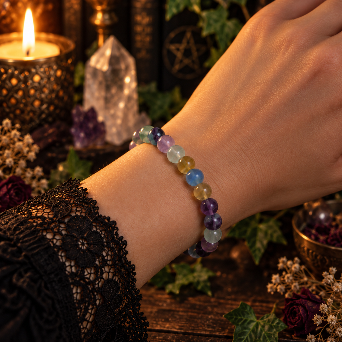 Natural Rainbow Fluorite Crystal 8mm Stretch Bracelet