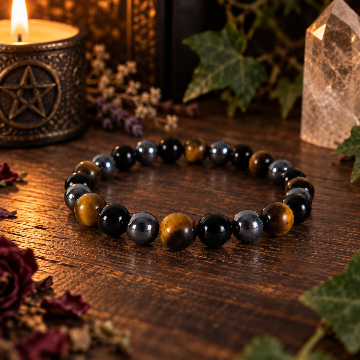 Natural Tiger Eye, Black Onyx & Hematite Crystal 8mm Stretch Bracelet