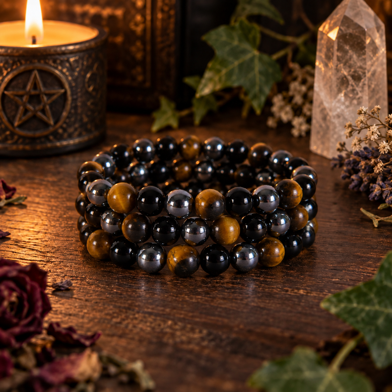 Natural Tiger Eye, Black Onyx & Hematite Crystal 8mm Stretch Bracelet