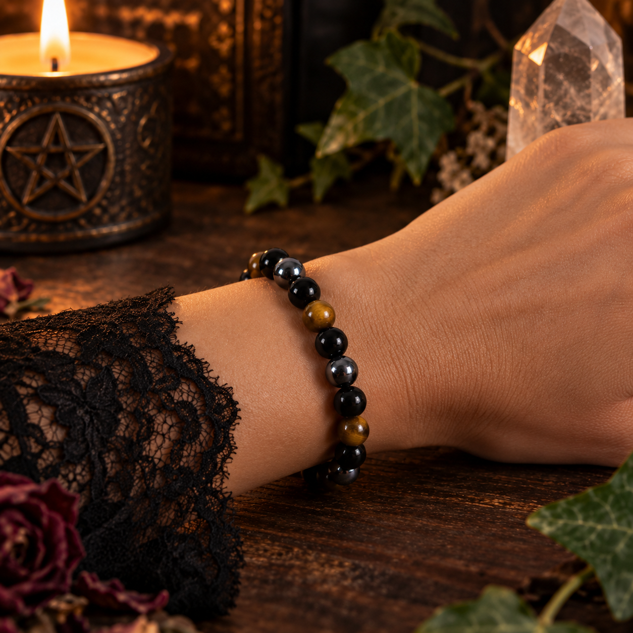 Natural Tiger Eye, Black Onyx & Hematite Crystal 8mm Stretch Bracelet