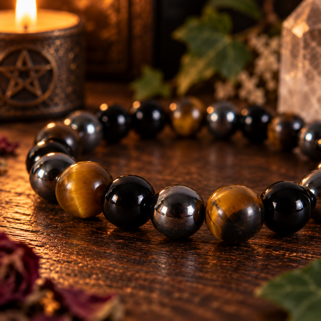 Natural Tiger Eye, Black Onyx & Hematite Crystal 8mm Stretch Bracelet