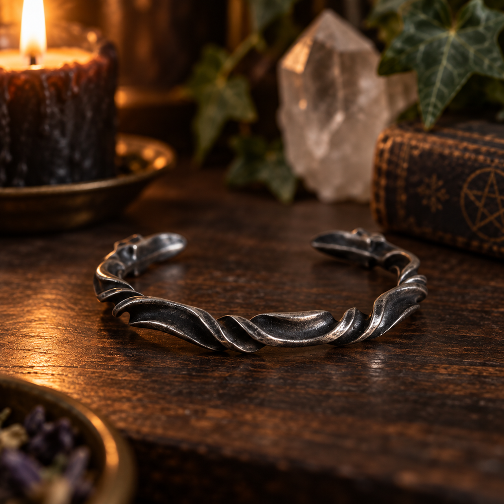 Norse Viking torque silver tone cuff metal bracelet with twisted design on wooden surface