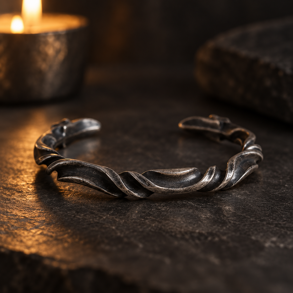 Twisted Silver Tone Cuff Bracelet Sculptural Antiqued Metal Bracelet