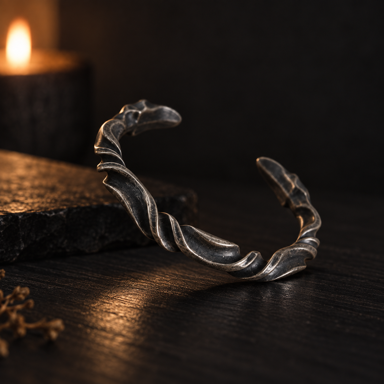 Twisted Silver Tone Cuff Bracelet Sculptural Antiqued Metal Bracelet