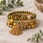Boho tree of life beaded bracelet set with earth tone beads and a gold tassel charm