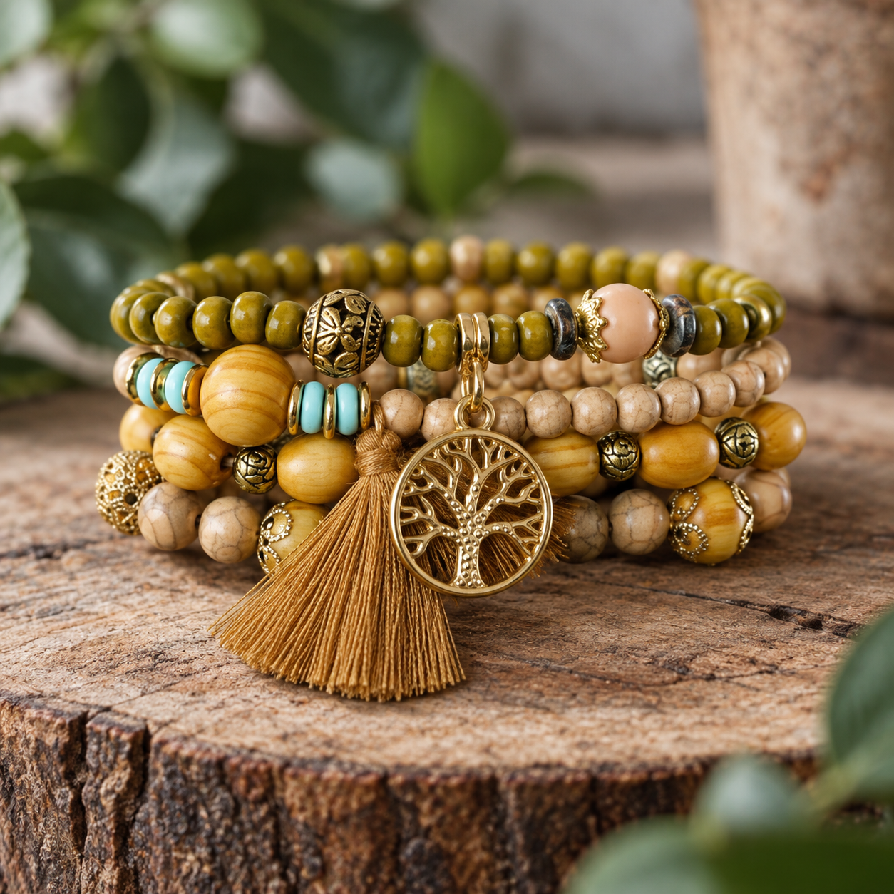Boho Tree of Life Beaded Bracelet Set Earth Tone Stretch Bracelets with Tassel