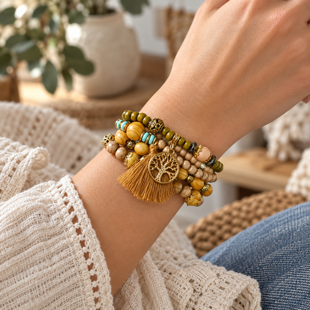 Boho Tree of Life beaded bracelet set with earth tone beads and a gold tassel charm worn on a wrist
