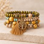 Boho Tree of Life beaded bracelet set with earth tone beads and a gold tassel charm