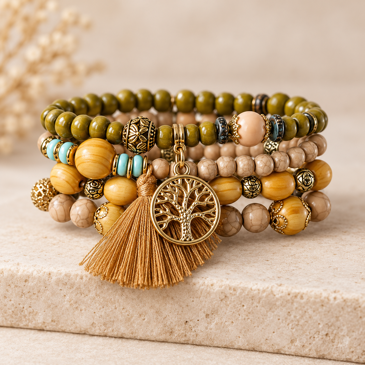 Boho Tree of Life Beaded Bracelet Set Earth Tone Stretch Bracelets with Tassel