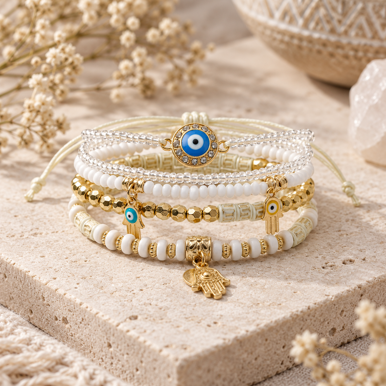 Evil Eye & Hamsa Layered Bracelet Set White & Gold Boho Protection Bracelets