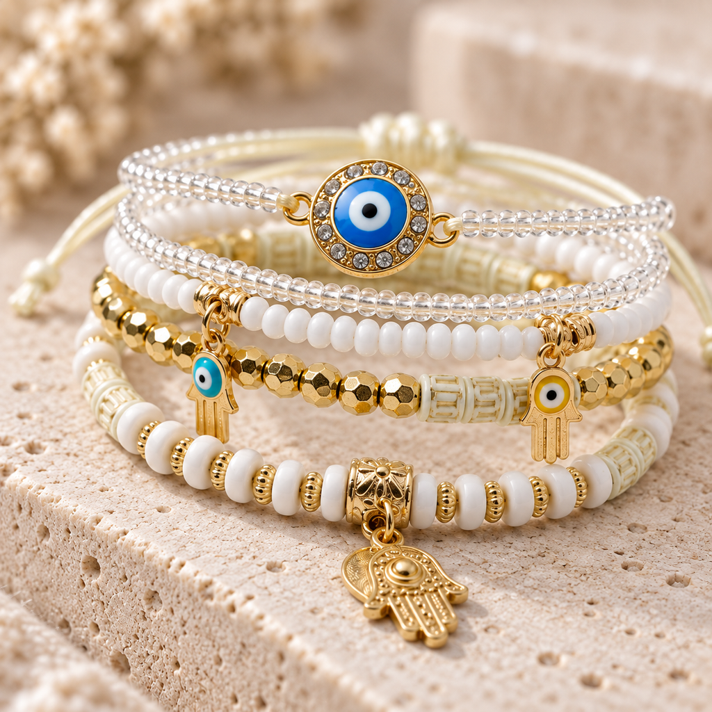 Evil Eye and Hamsa layered bracelet set with white beads and gold accents