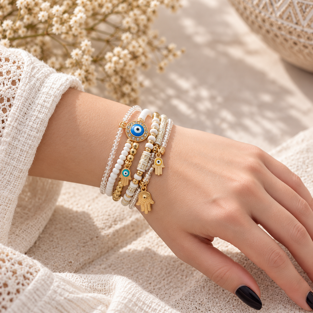 Evil Eye & Hamsa Layered Bracelet Set White & Gold Boho Protection Bracelets
