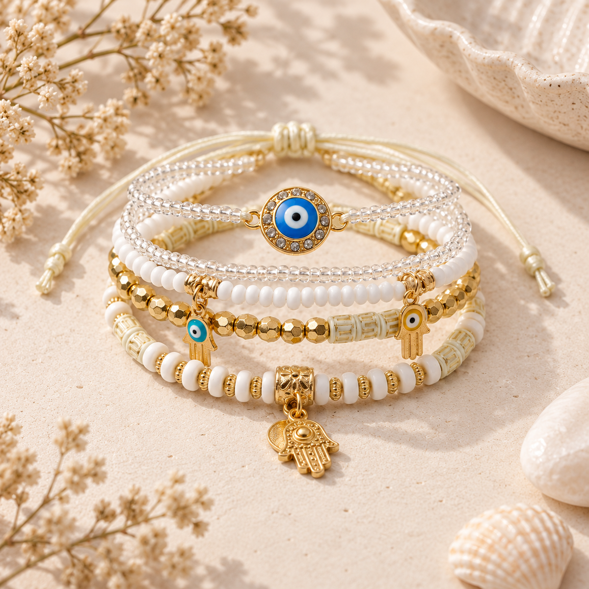 Evil Eye & Hamsa Layered Bracelet Set White & Gold Boho Protection Bracelets