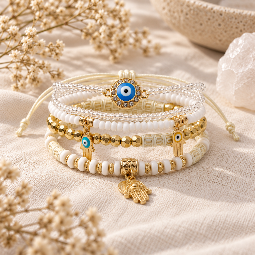 Evil eye and hamsa layered bracelet set in white and gold with beaded details